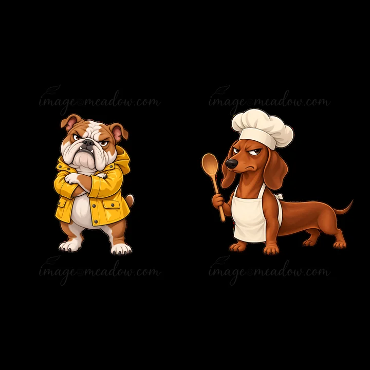 Two cartoon dogs are shown side by side. The bulldog wears a yellow raincoat and has a grumpy expression. The dachshund sports a chef's hat and apron, holding a