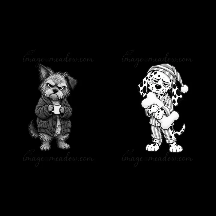 A small grumpy dog stands with a cup in hand, wearing a cozy sweater. Next to it, a sad dog in pajamas holds a bone while looking down. The scene highlights a f