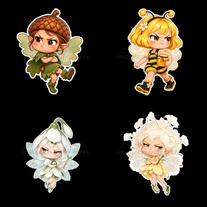 Four kawaii grumpy fairies are shown in a 2x2 layout. Each fairy has a unique color scheme and theme. One fairy wears a bee costume, while another has an acorn