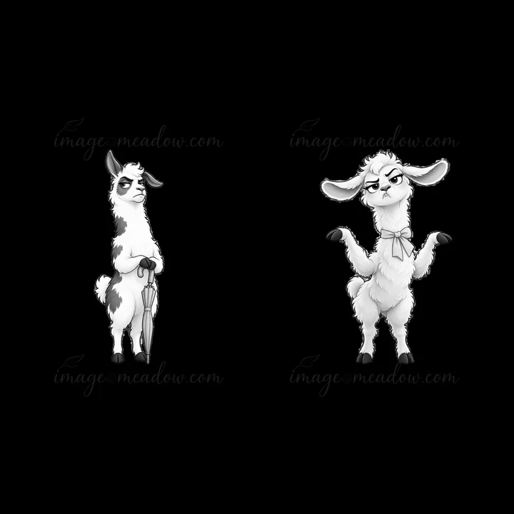 Two cartoon llamas display grumpy expressions. One holds an umbrella while the other has a bow. The design features simple lines and a monochrome style emphasiz
