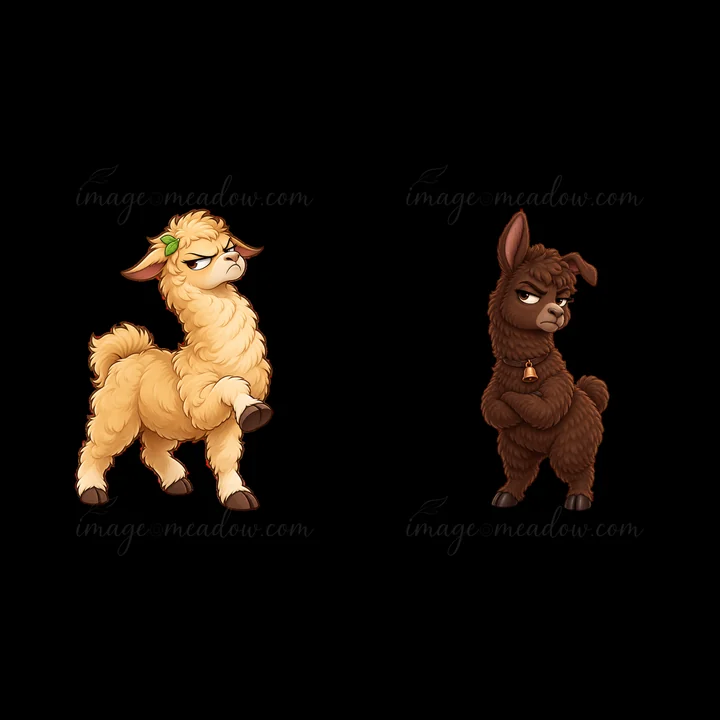 Two cartoon llamas stand side by side. One is tan with a green accessory, showing a confident pose. The other is brown with a frown, looking displeased. Both ll