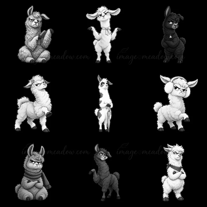 Nine grumpy llamas arranged in a 3x3 grid. Each llama has a unique expression and pose. Some are standing, while others are dancing or frolicking. They are draw