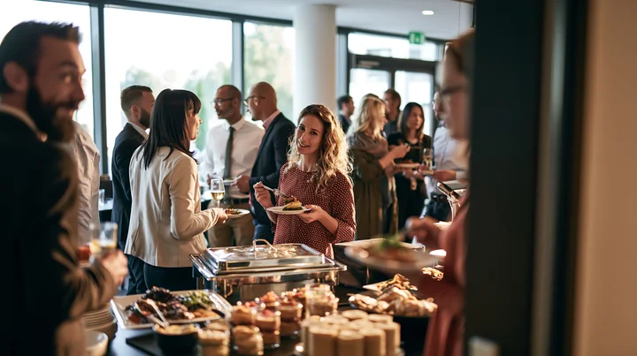 Guests are enjoying various dishes and drinks at a corporate lunch buffet in a modern event space.