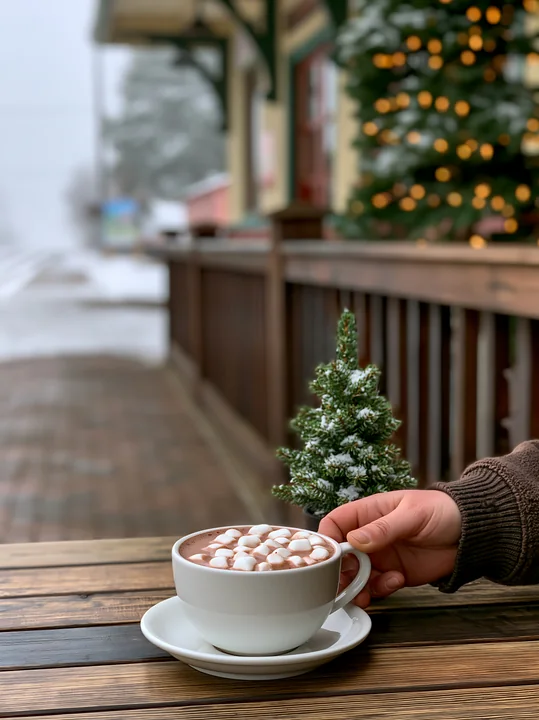 Hand holding cocoa topped with marshmallows beside a small snowy evergreen on a festive outdoor terrace.
