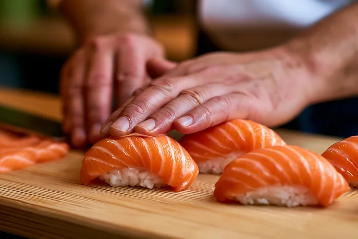 Hands press down on sushi pieces made with salmon and rice on a wooden cutting board.