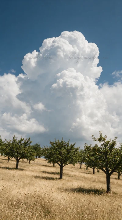 A hillside apple meadow features rows of apple trees under a large cloud formation. The landscape has dry grass and a bright blue sky.