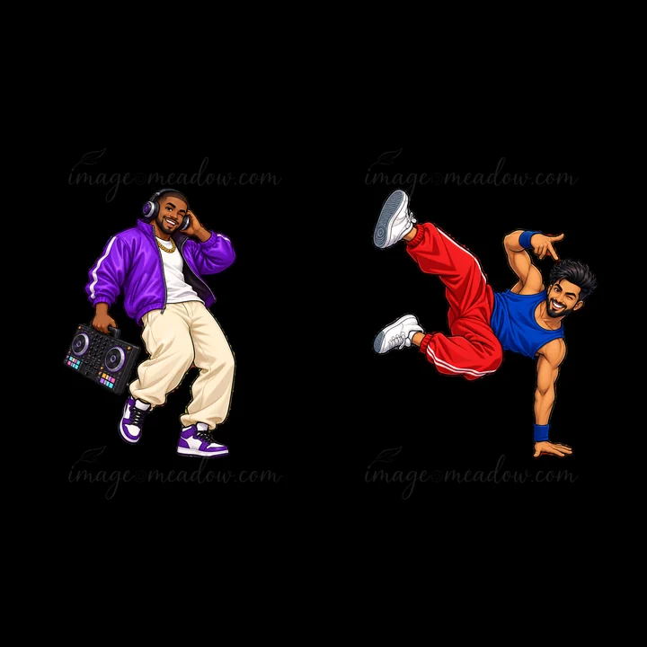 One character wears a purple jacket and headphones, holding a DJ mixer. The second character performs a breakdance move, wearing a blue tank top and red pants.