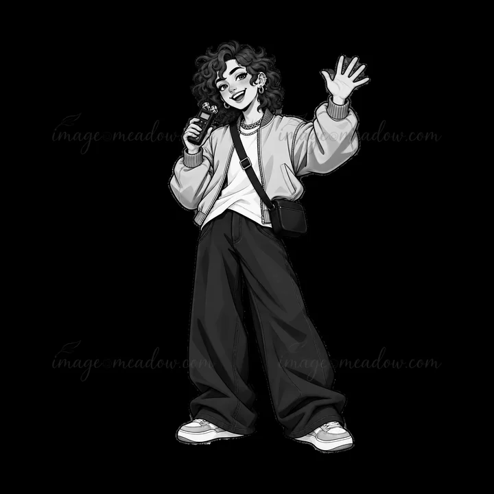 A hip-hop artist stands confidently, holding a microphone while waving with one hand. The artist wears baggy pants and a casual jacket, showcasing a modern urba