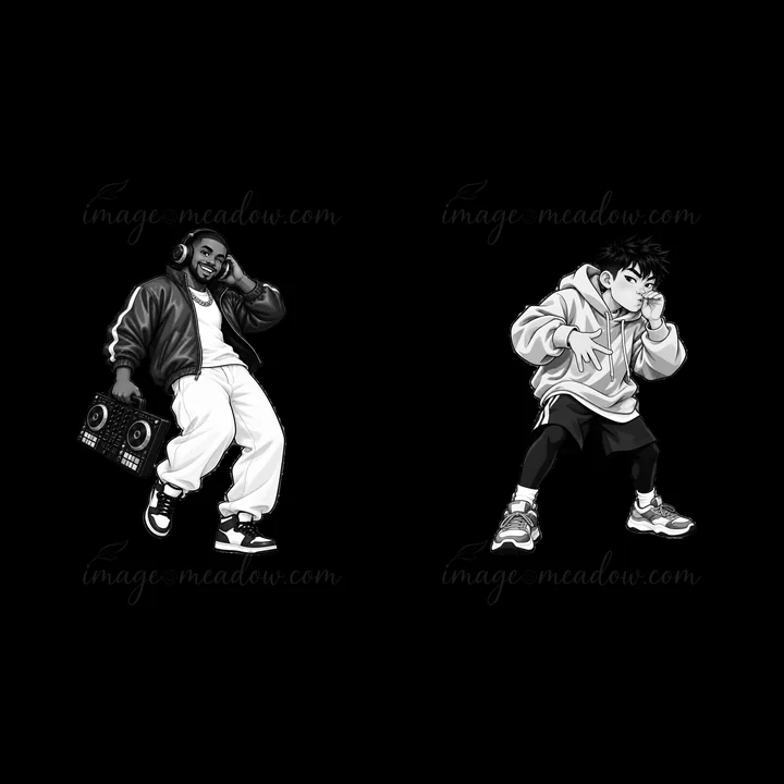 Two hip-hop artists are enjoying music and dancing. One artist holds a boombox and wears a jacket while the other is in a hoodie and joggers. They express movem