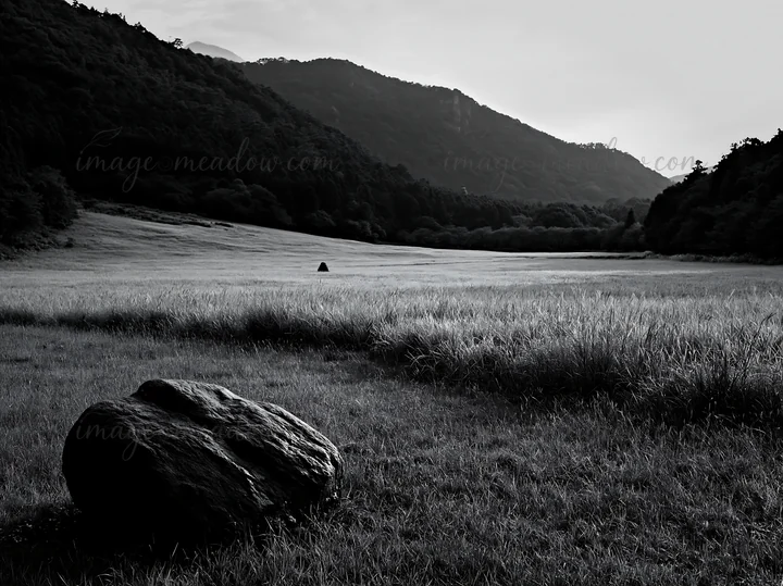 A smooth rock sits in the foreground of a rainy meadow in Hiroshima. The grassy area stretches towards distant mountains under cloudy skies. Rainfall adds a uni