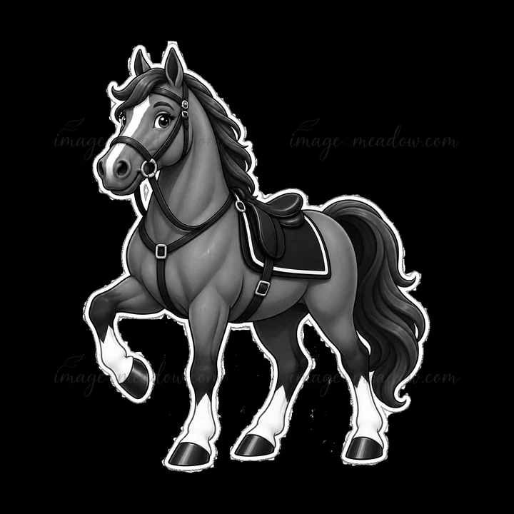 A cartoon horse is shown stepping forward with a saddle and bridle. The horse has a glossy mane and tail, showcasing its strength and character. This design fea