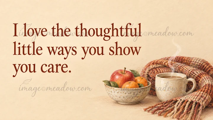 A love greeting reads, “I love the thoughtful little ways you show you care.” Dark brown lettering sits on a textured cream background beside a steaming mug, a