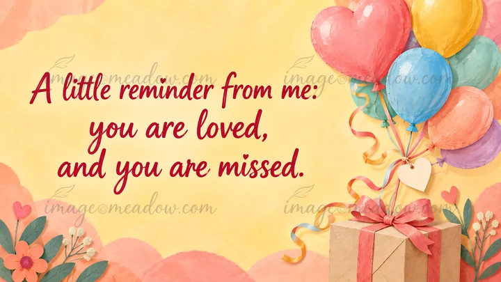 A warm illustrated I miss you greeting with red script lettering on a sunny yellow background, framed by colorful balloons, a wrapped gift, flowers and leafy de
