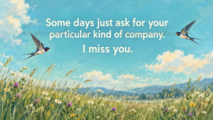 A painterly greeting illustration shows two swallows above a wildflower meadow beneath a bright blue sky. The message reads, “Some days just ask for your partic
