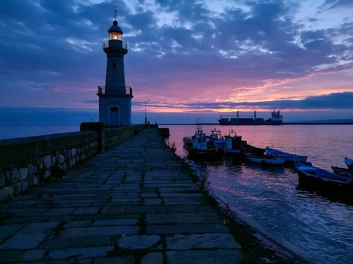 Illuminated lighthouse beside a stone harbor pier, with small boats and a cargo ship beneath a colorful dusk sky.