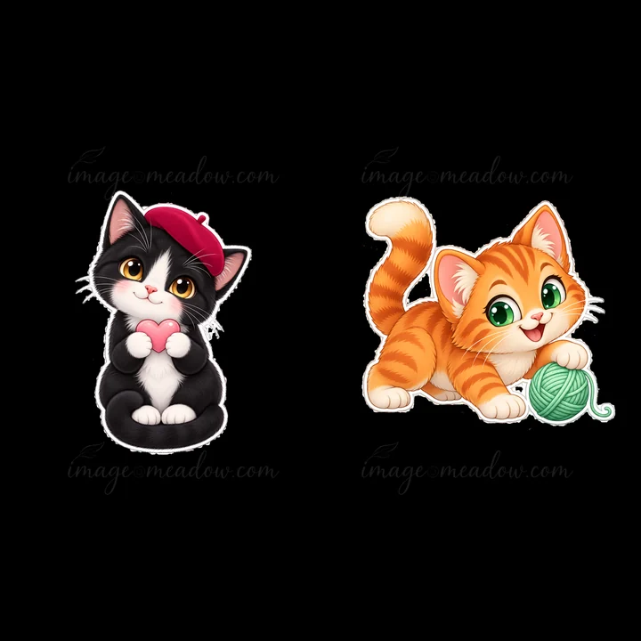 Two kawaii cat stickers show a black cat with a red beret and a pink heart and an orange cat playing with a green ball of yarn. Both have cheerful expressions,