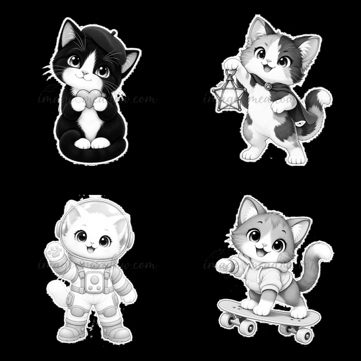 Four kawaii-style cats are shown in various playful poses. A black-and-white cat sits with paws together, a calico cat holds a lantern, a white cat wears a spac