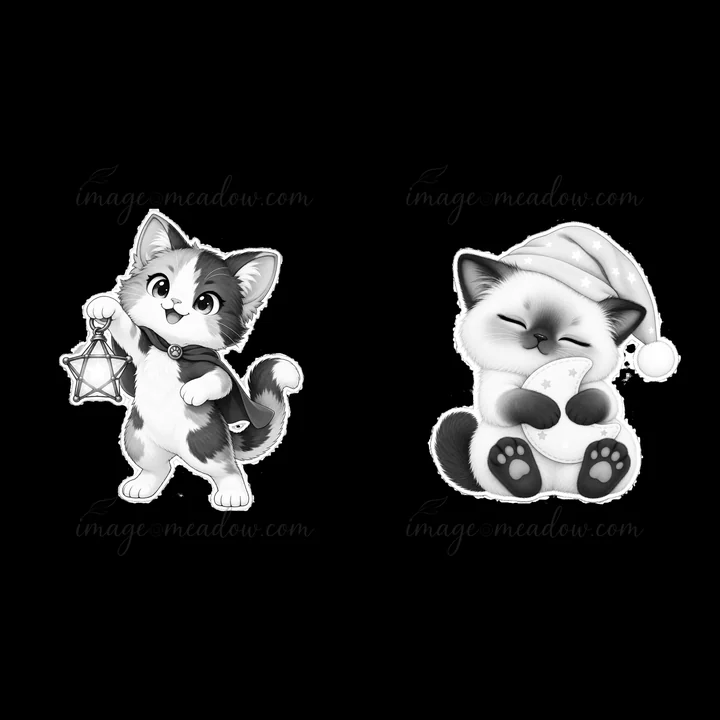 Two kawaii cats appear in this illustration. One holds a lantern while the other hugs a star. Their playful expressions convey joy, and their designs capture a