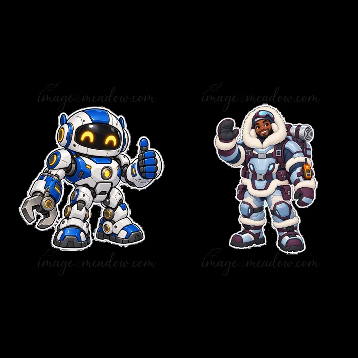 Two kawaii futuristic super-soldier characters are shown side by side. The left character is a robot with blue and white colors, giving a thumbs up. The right c