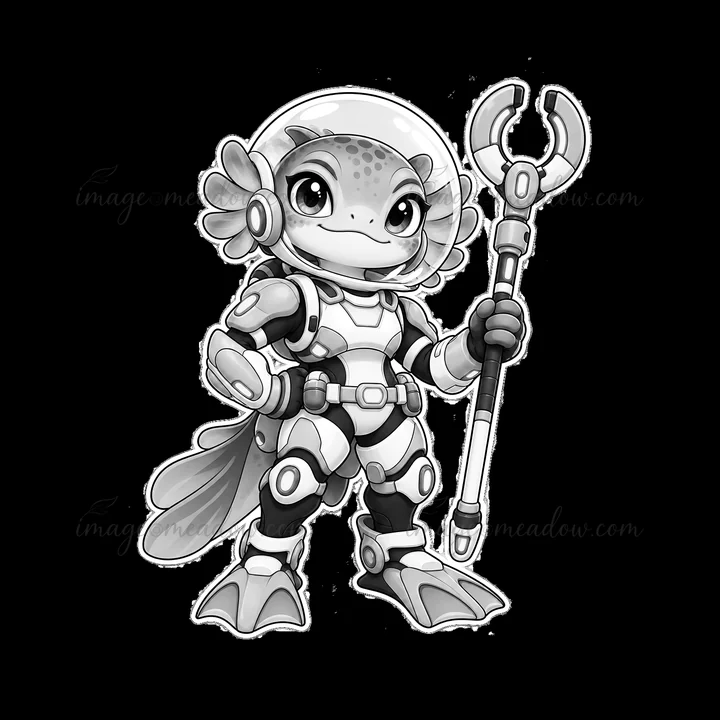 A cute futuristic super-soldier character stands confidently, wearing a spacesuit and holding a staff. The character features a playful design with a helmet and