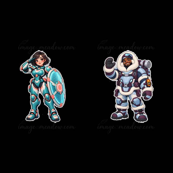 Two cartoon characters feature a super-soldier with a blue shield saluting and a male soldier in a winter outfit waving. They have distinct futuristic designs a