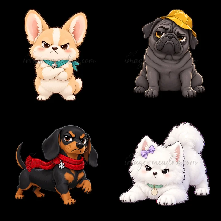 A collection of four cartoon dog stickers features grumpy expressions. Each dog wears distinct accessories like a scarf and a hat. The set includes a corgi, a p