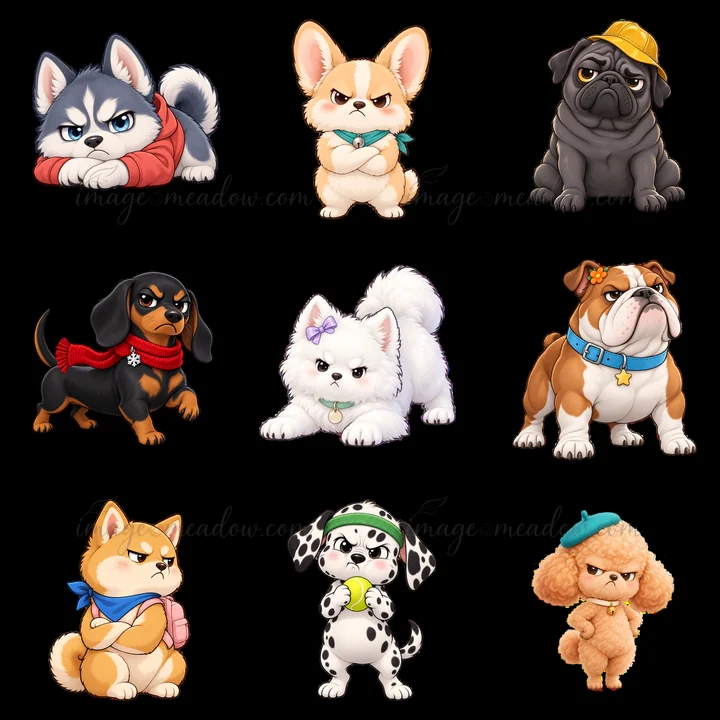 Nine cartoon stickers of grumpy dogs in a grid layout. Each dog has a unique expression and style. Dogs include a siberian husky, pug, corgi, dachshund, pomeran
