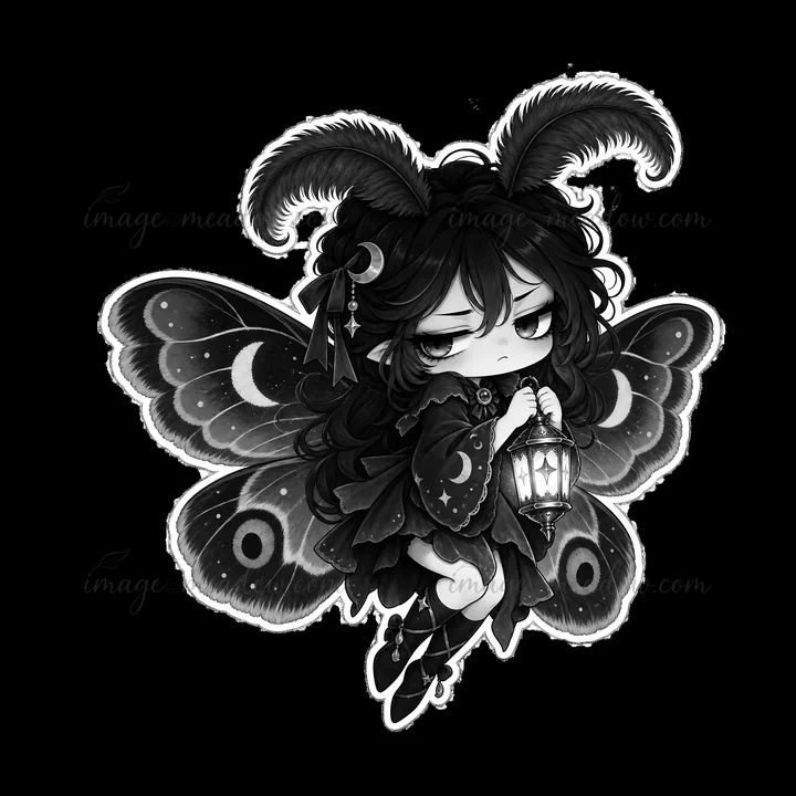 A fairy with butterfly wings sits holding a lantern. She has a serious expression and wears a dark outfit. The illustration is done in black and white, highligh