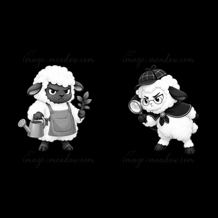 Two cartoon sheep stand side by side. One sheep holds a watering can and a plant. The other sheep wears a detective hat and holds a magnifying glass. Both have