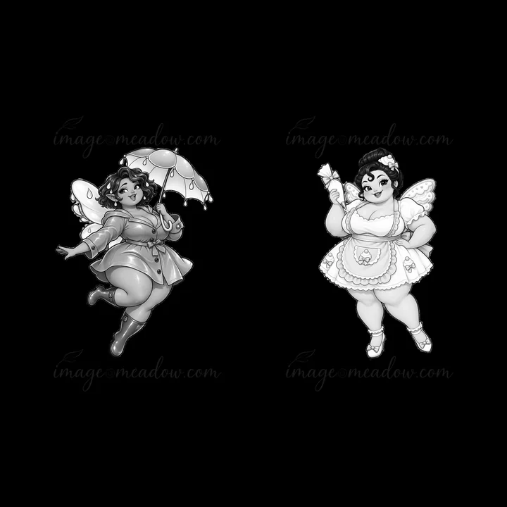 Two kawaii ultra-fat fairies are featured. One holds an umbrella and floats joyfully, while the other stands with a dessert, showcasing their playful nature in