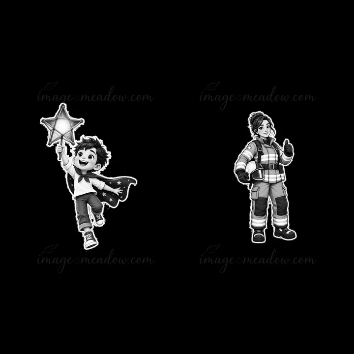 A kid in a superhero cape holds a star wand, smiling excitedly. Beside them, a firefighter thumbs up, dressed in gear. Both characters celebrate courage and hel