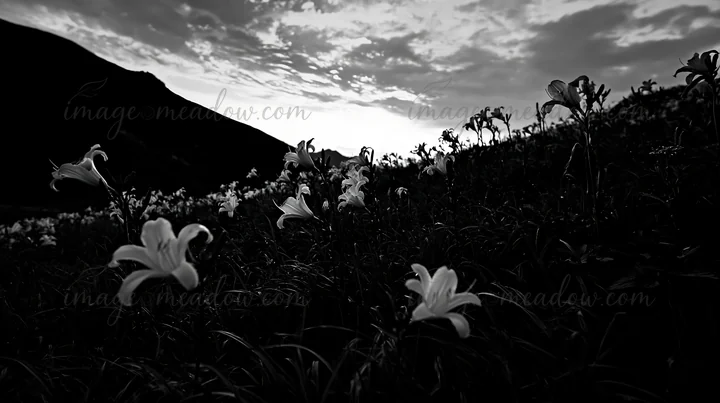 Daylilies grow in a meadow at Kirigamine highland. The sun is low in the sky, casting shadows on the flowers. The scene features dark hills and clouds above in