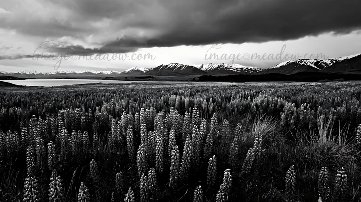 Wildflowers grow in a meadow at Lake Tekapo with snowy Alps in the background. The sky is overcast with clouds, creating a dramatic atmosphere. This scene captu