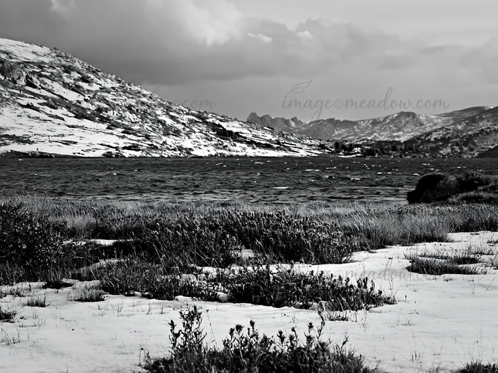 A lakeside meadow shows snow covering the ground with patches of red plants. The scene presents distant hills and a calm body of water beneath a cloudy sky. Pre