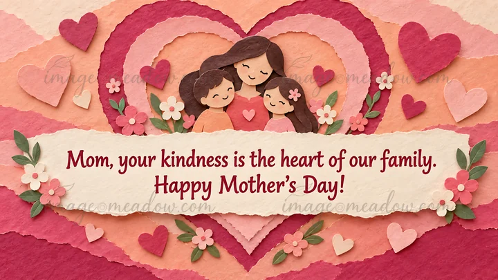 Layered paper-cut illustration of a mother with two children, surrounded by hearts and flowers in pink and coral. A torn cream paper banner reads, “Mom, your ki