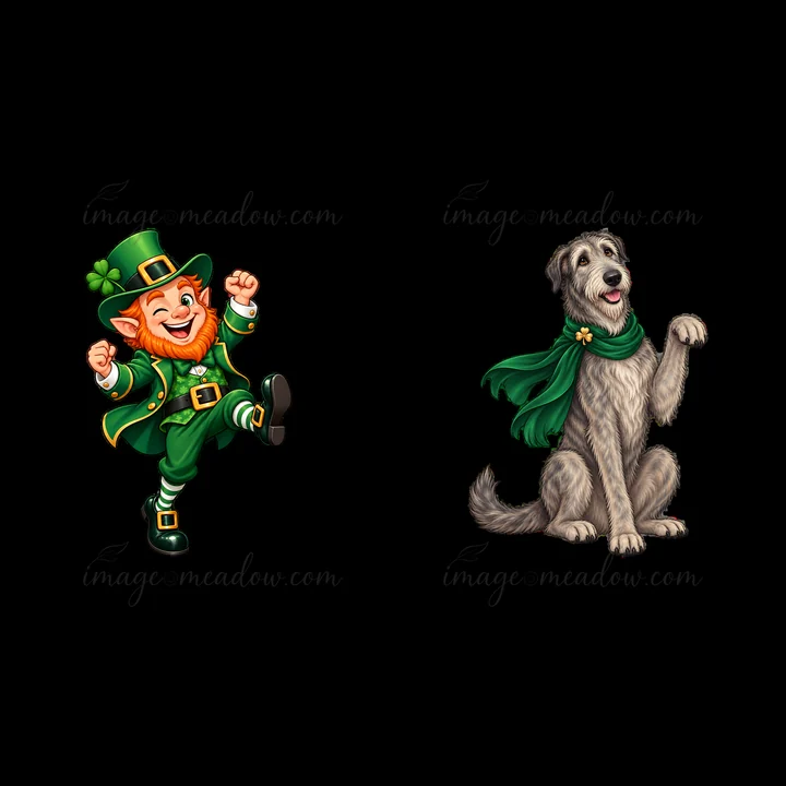 A cheerful leprechaun is dancing with joy while a seated dog wearing a green scarf raises its paw. This lively scene captures the festive spirit of St. Patrick'