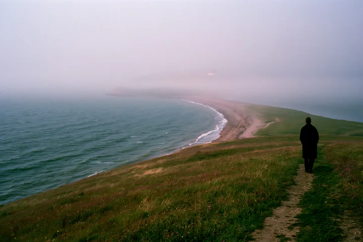Lone person walking on a grassy coastal path beside a foggy sea and curving shoreline.