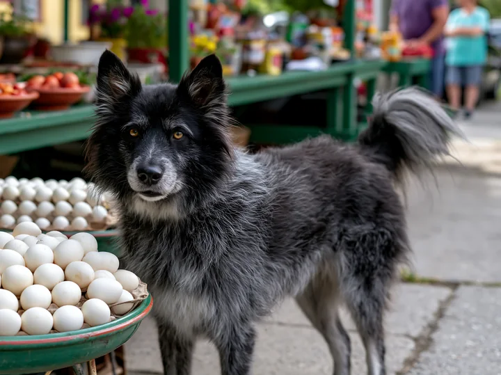 Long-haired black and white dog stands beside trays of eggs at a busy farmers market.