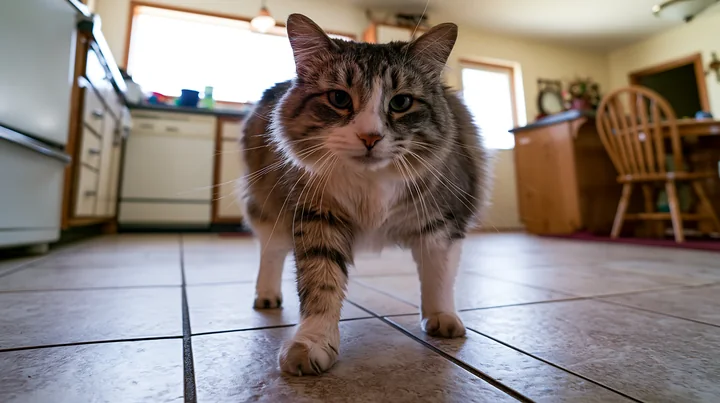Long-haired tabby cat walks toward the camera across a tiled kitchen floor indoors.