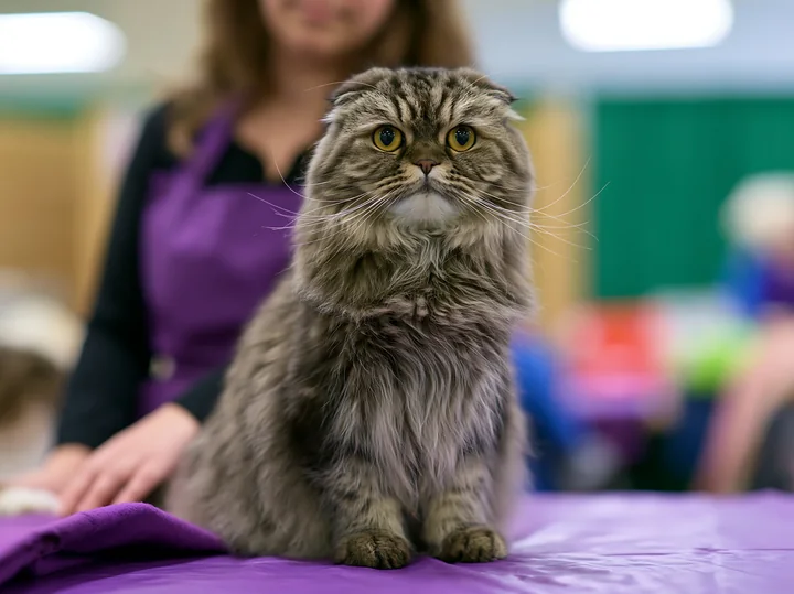 Longhaired folded-ear cat sitting on a purple table at an indoor cat show