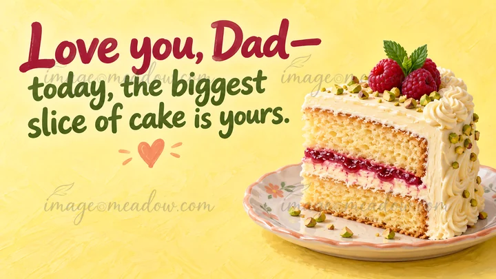 A hand-lettered message reads “Love you, Dad—today, the biggest slice of cake is yours” beside a slice of frosted layer cake topped with raspberries and pistach