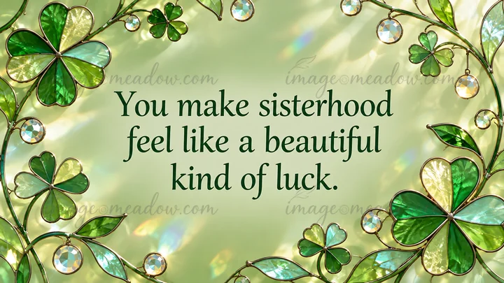 A green clover and jewel-accented border frames the message, “You make sisterhood feel like a beautiful kind of luck.”