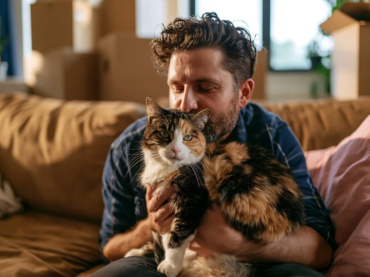 Man kisses a calico cat while holding it on a sofa in a warmly lit living room.