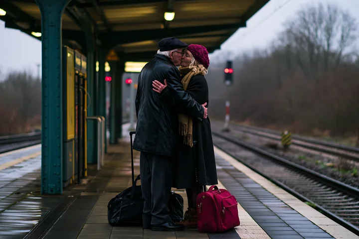 Mature couple kissing on a rainy railway platform beside their luggage.