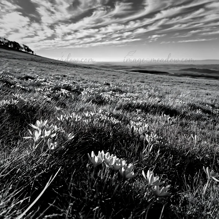 A vast meadow features numerous crocuses blooming among green grass. The sky is filled with clouds, and the scene captures the natural beauty of this landscape