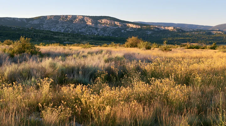A meadow filled with seedheads stretches across the landscape. The sun illuminates the golden plants as a rocky hillside rises in the background. This scene cap
