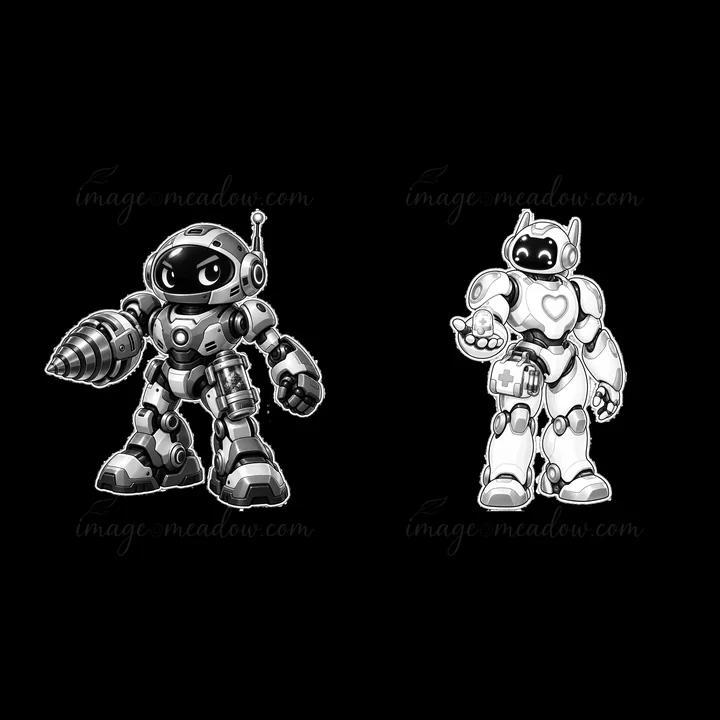 Two cartoon mech robots stand side by side. The left robot holds a drill while the right robot displays a gadget. Both have distinct features and expressions, s