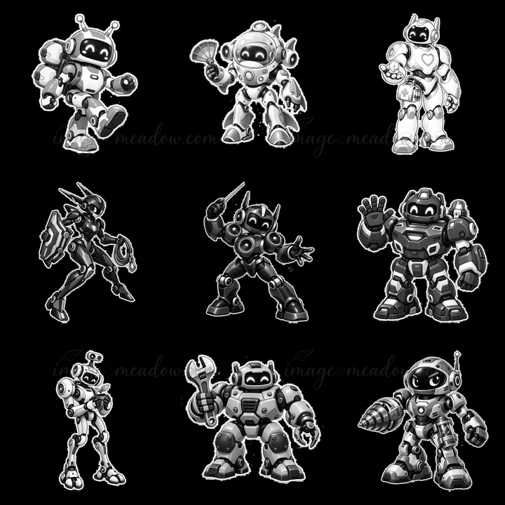 This illustration features nine different mech robots arranged in a 3x3 grid. Each robot showcases unique designs, poses, and accessories, emphasizing their mec