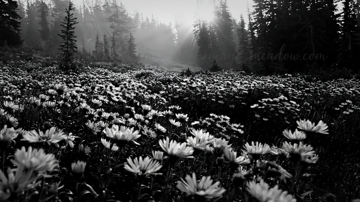 A misty forest meadow filled with purple flowers as the sun rises. Tall trees surround the area, creating a peaceful atmosphere in nature. Presented as a premiu