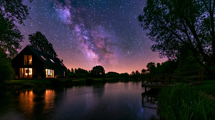 Modern house with warm windows beside a calm pond beneath the Milky Way and a star-filled night sky.